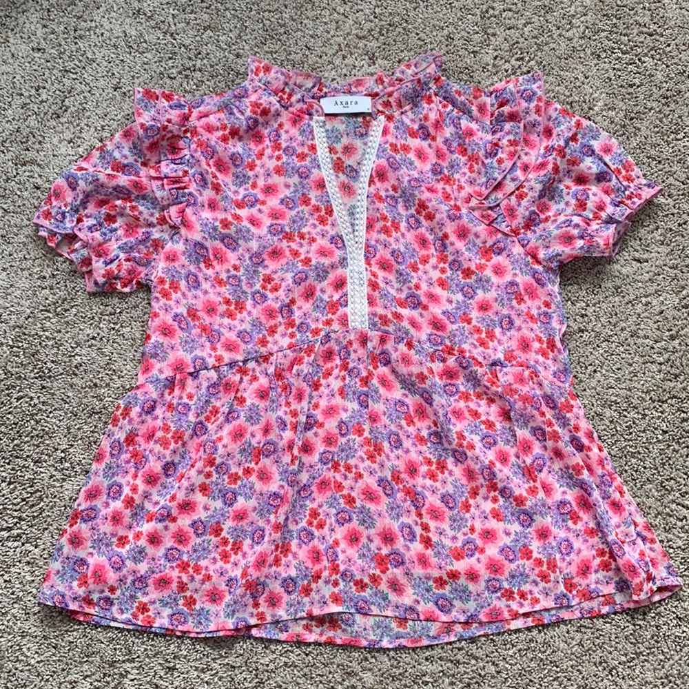 Axara Paris Floral Empire Waist Sheer Ruffle Sleeve Top Blouse